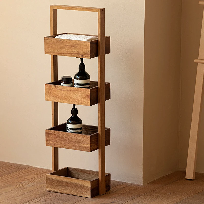 Contemporary Nordic Rectangular Ladder Acacia Wood Storage Shelf 4-Tier For Living Room