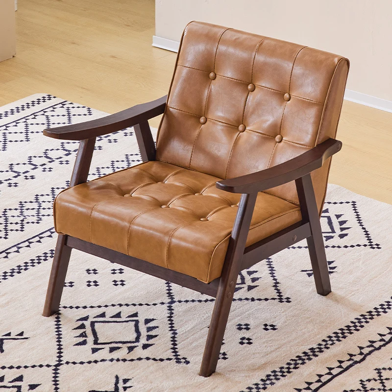 Traditional Vintage Rectangular Faux Oil-Waxed Leather Solid Wood Accent Chair Backrest Armrest For Living Room