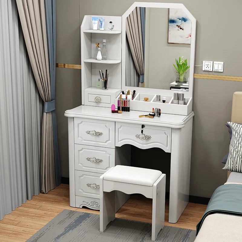 Contemporary Luxury Rectangular Medium Density Fiberboard Glass Makeup Vanity 5-Drawer For Bedroom