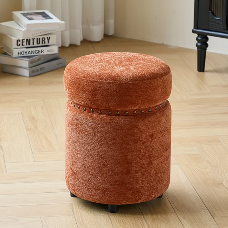Traditional European Solid Wood Chenille Upholstered Rubber Base Cylindrical Vanity Stool Backless Armless For Bedroom