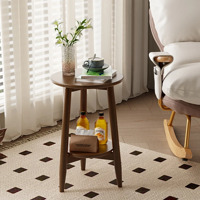 Traditional Vintage Rubber Wood Round Cylinder End Table 2-Tier For Living Room