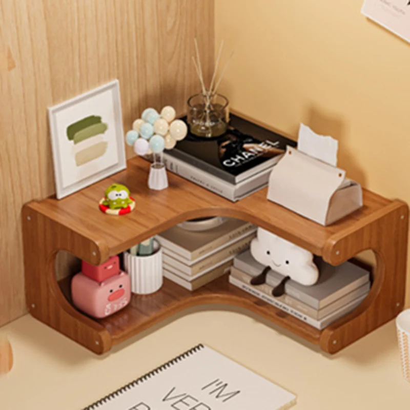 Traditional Vintage Bamboo MDF Right Angle Curved Storage Shelf 2/3-Tiers For Living Room