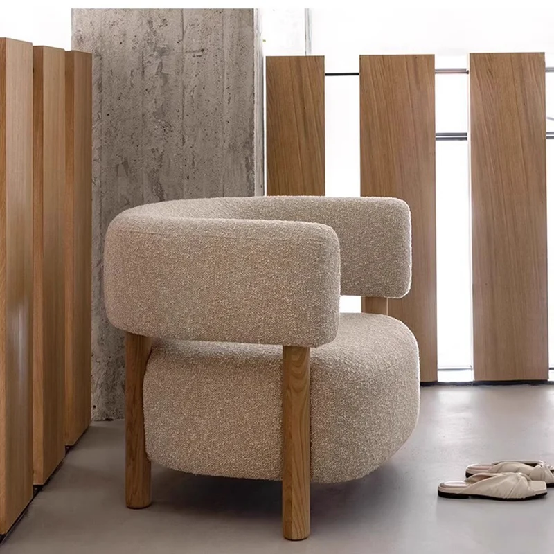 Contemporary Scandinavian Sherpa Fabric Ash Wood Curved Rounded Square Accent Chair With Armrests Backrest For Living Room