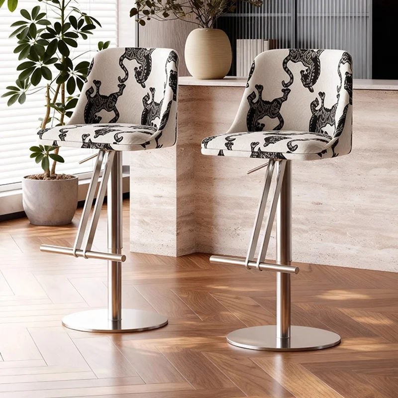 Traditional French Velvet Stainless Steel Round Curved Adjustable Bar Stool With Backrest For Living Room