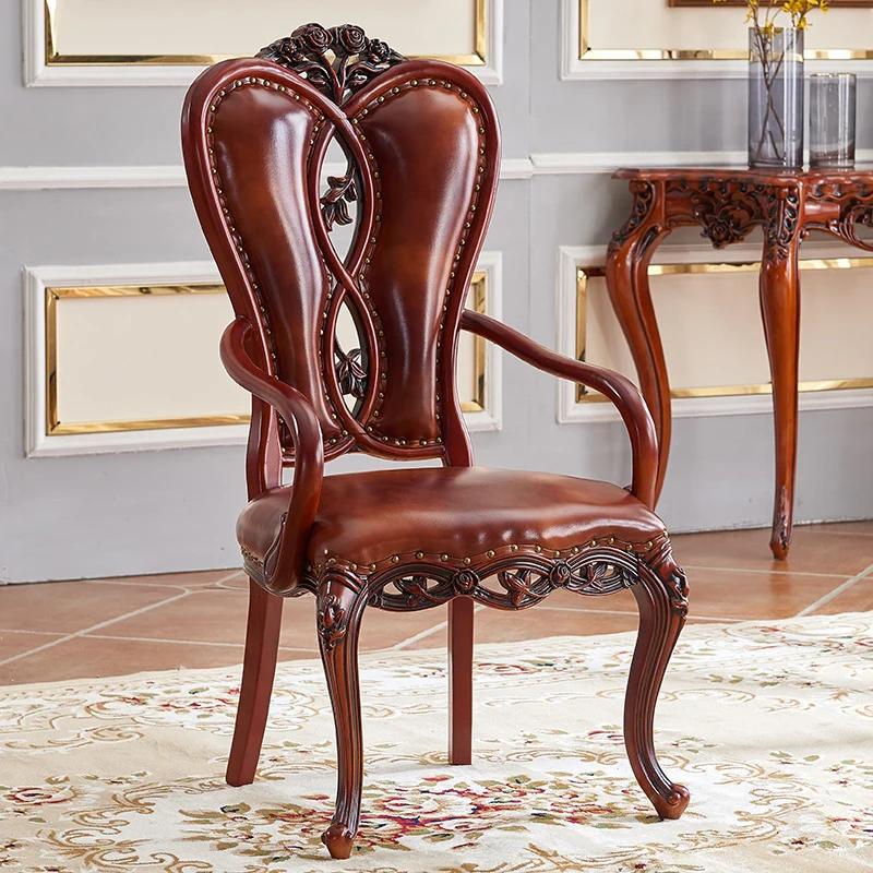 Contemporary Luxury Curved Rectangular Exquisite Carvings Microfiber Leather Rubberwood Solid Wood Dining Chair Backrest Armrest For Dining Room & Kitchen