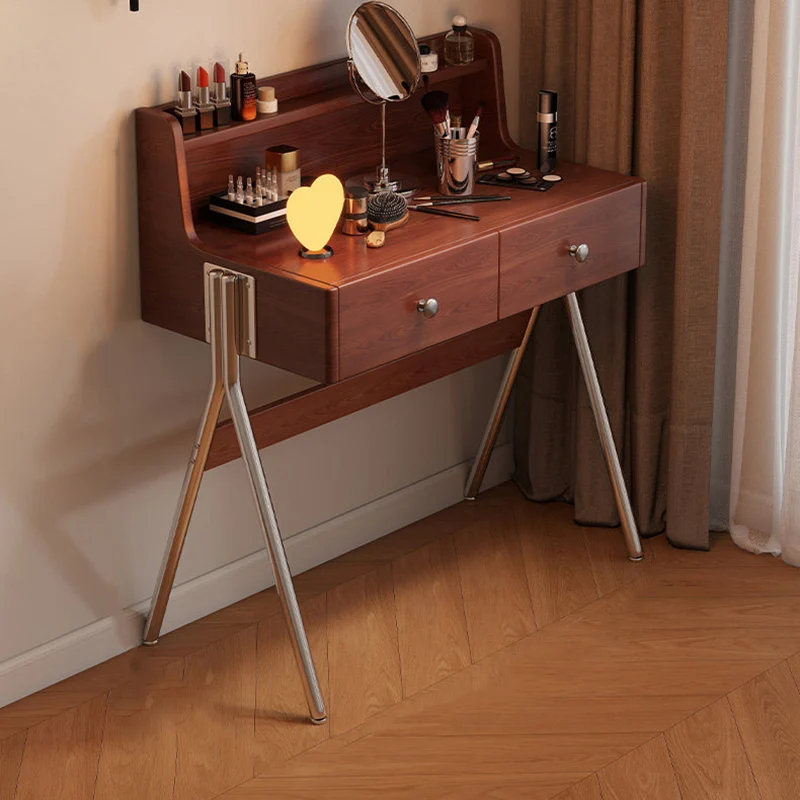 Contemporary Retro Rectangular Rubberwood Stainless Steel Makeup Vanity 2-Drawer For Bedroom