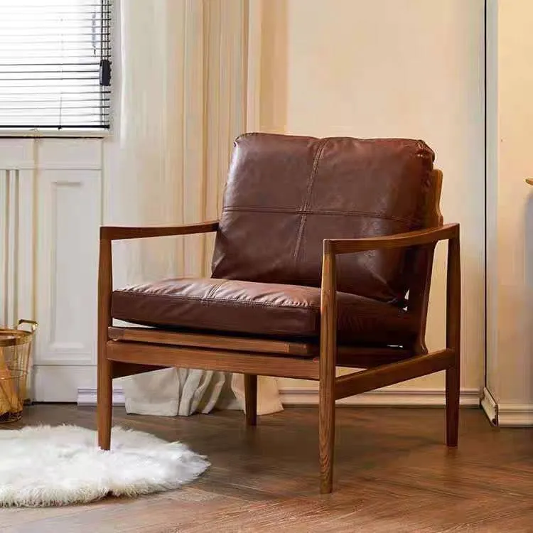 Traditional Vintage Rectangular Faux Oil-Waxed Leather Velvet Rubberwood Accent Chair Backrest Armrest For Living Room