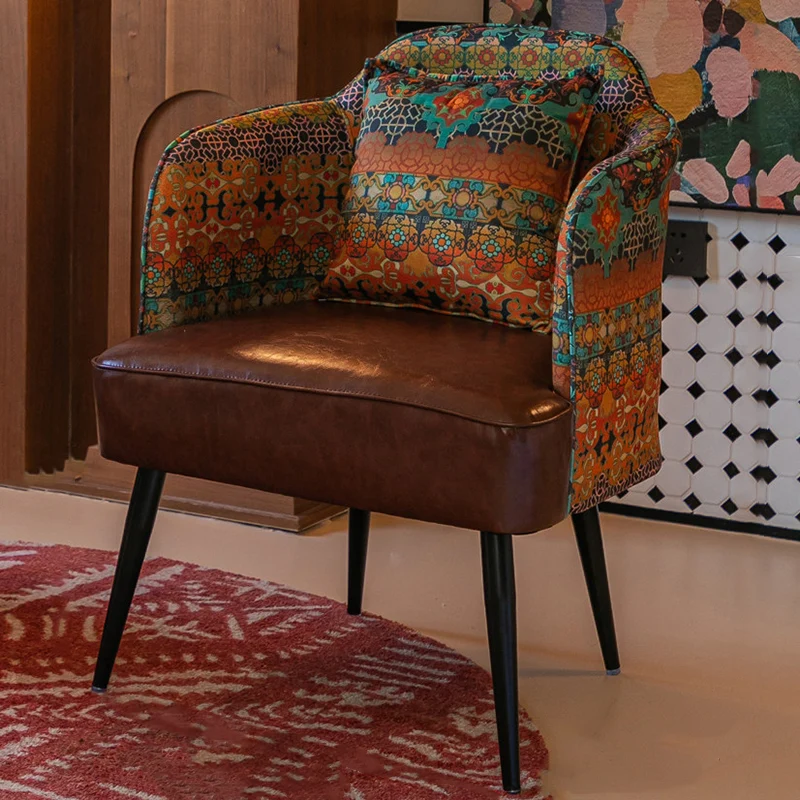 Traditional Vintage Curved Print Fabric Faux Oil-Waxed Leather Iron Medium Density Fiberboard Solid Wood Accent Chair Backrest Armrest For Living Room