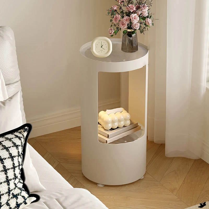 Contemporary Industrial Cylindrical Carbon Steel Fluted Glass USB Charging Sensor Light End Table 2-Tier For Living Room