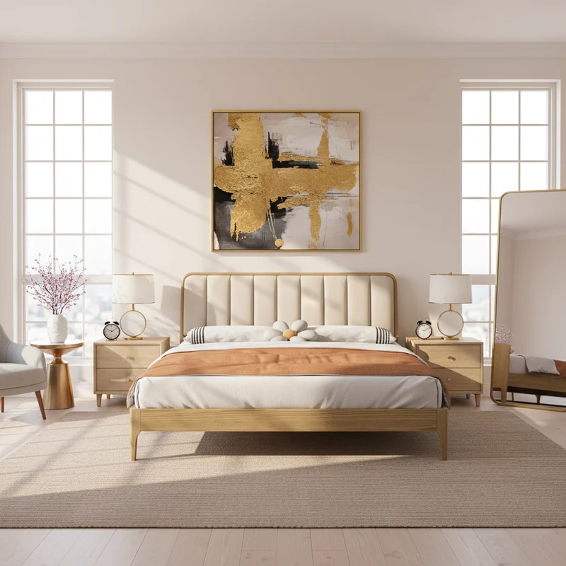 French Romantic Aesthetic Recessed Bed Frame - Genuine Leather Upholstered & Ash Wood Bed For Bedroom