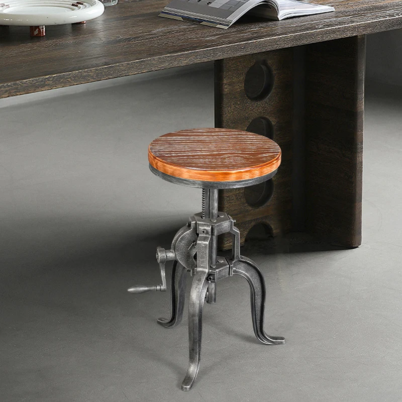 Modern Minimalist Round Iron Solid Wood Bar Stool Height Adjustment For Dining Room