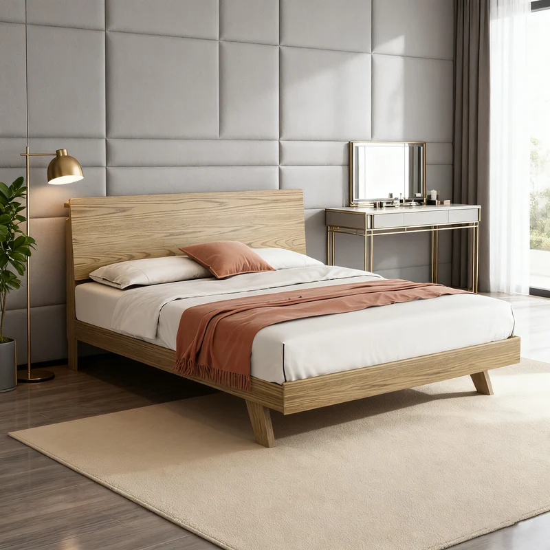 Minimalist Flush-Edge Design Bed Frame - Full Ash Wood Frame Bed For Bedroom
