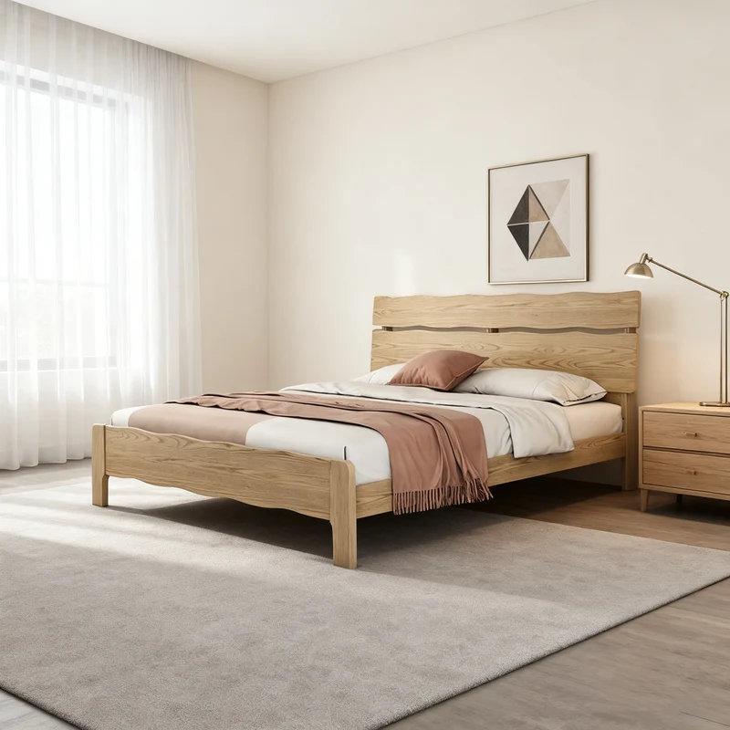 Contemporary Coastal Bed Frame - Multi-Height Adjustment & Sturdy Ash Wood Bed For Bedroom