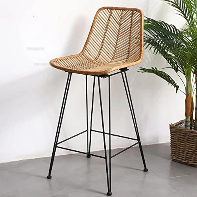 Boho-Style Rattan Weaving Bar Stool - Stable Support Airy Texture Backrest Stool For Dining Room & Kitchen