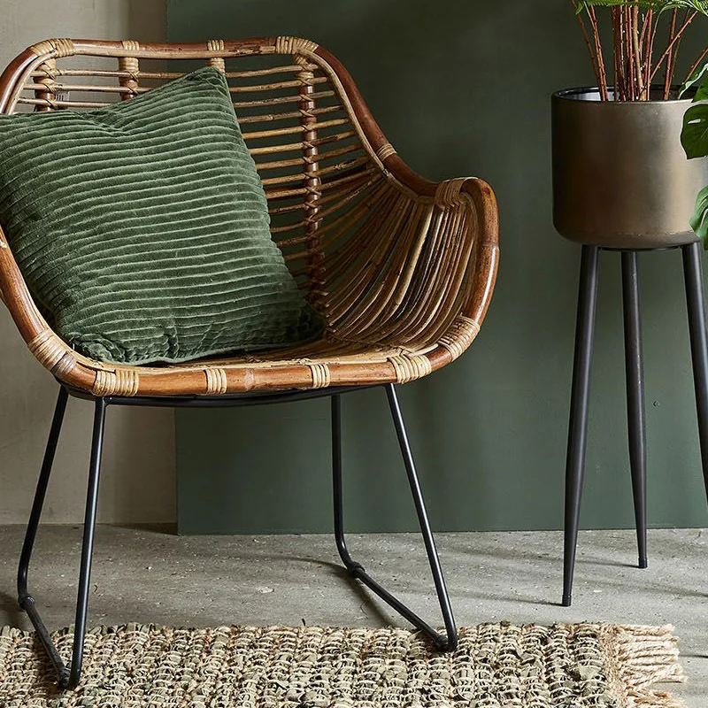 Contemporary Nordic Handwoven Natural Rattan Lounge Chair - Accent Chair With Ergonomic Backrest & Iron Base For Indoor & Outdoor Living