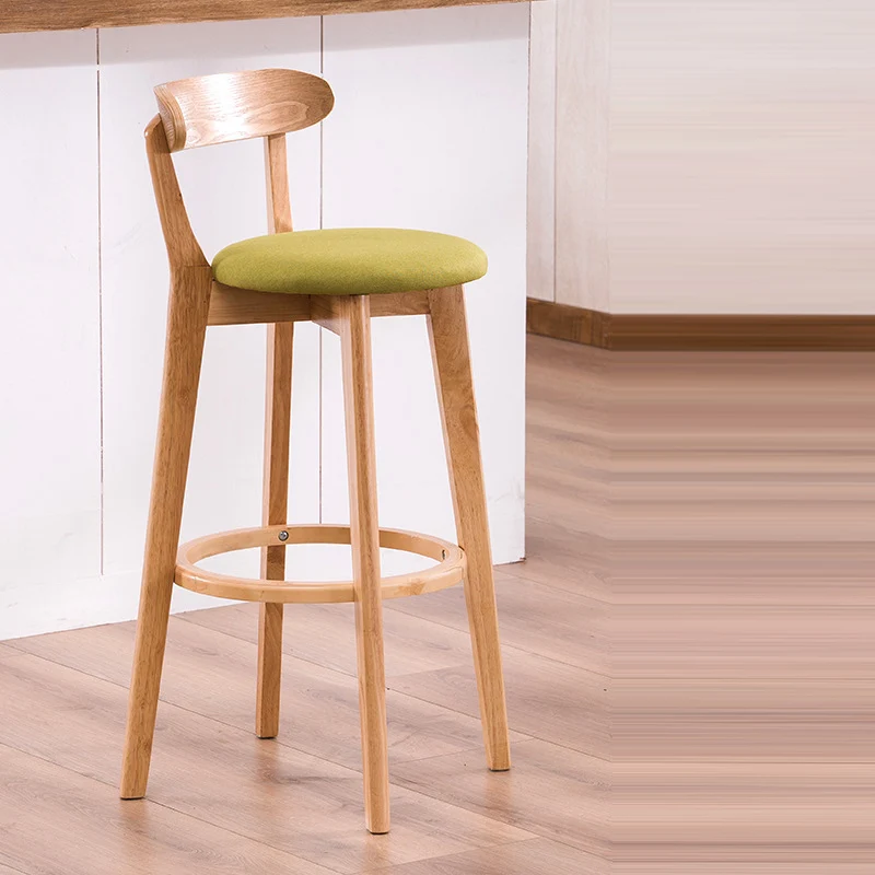 Modern Minimalist Round Cotton-linen Oil Wax Leather Beech Wood Bar Stool Backrest Armless For Dining Room & Kitchen