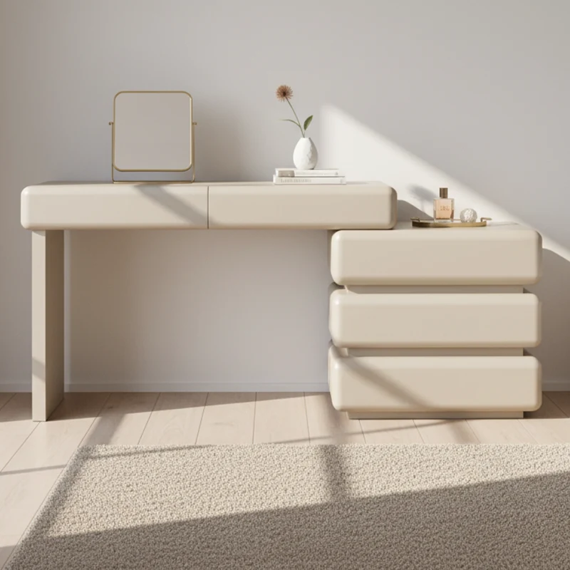 Modern Minimalist Khaki Makeup Vanity With 5/8-Drawer Chest - Solid Wood Plywood Dresser & Makeup Desk For Bedroom