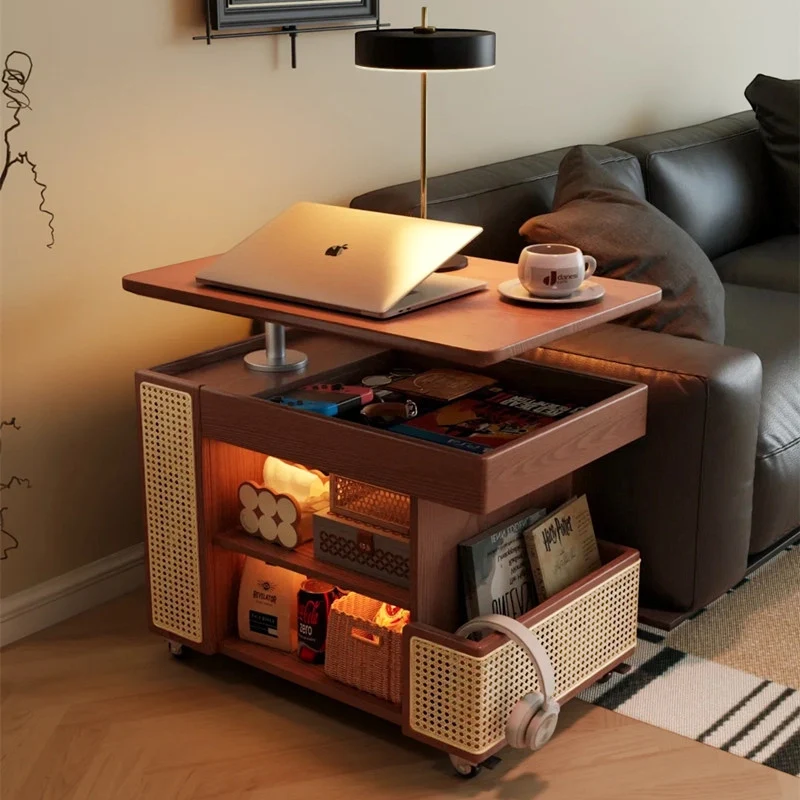 Contemporary Retro Rectangular Eco-Friendly Engineered Wood PE Rattan Weaving Movable 360°Swivel Height Adjustable End Table 3-Tier For Living Room