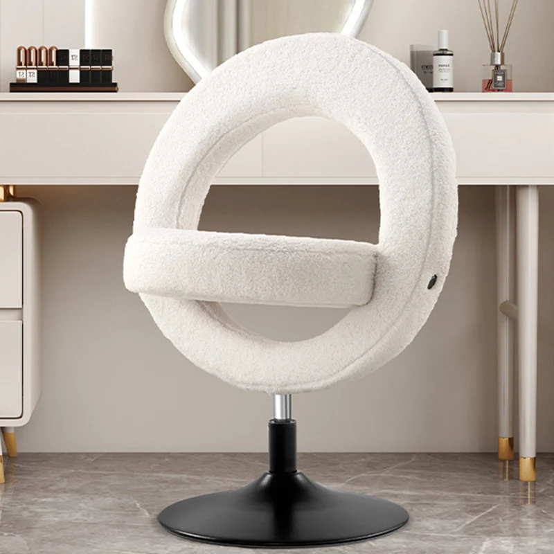 Modern Minimalist Round Lamb Fleece Carbon Steel Height Adjustable Foldable 360°Swivel Vanity Stool Backless Armless For Bedroom