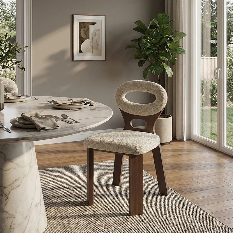 Contemporary Nordic Square Rectangular Lamb Fleece Walnut Solid Wood Dining Chair Backrest Armless For Dining Room & Kitchen