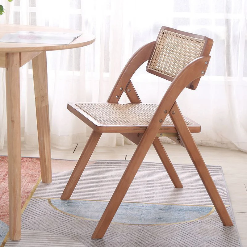Contemporary Nordic Rubberwood & Rattan Weaving Rectangular Folding Dining Chair With Backrest For Dining Room