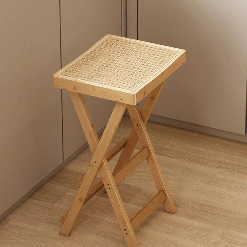 Contemporary Nordic Bamboo & Rattan Weaving Rectangular Folding Bar Stool For Dining Room & Kitchen