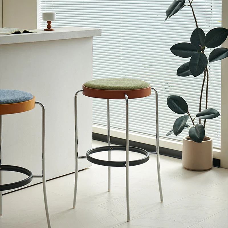 Modern Minimalist Bar Stool With Iron Frame & Beech Veneer Seat - Soft Cushioned Round Counter Chair With Footrest For Dining Room & Kitchen