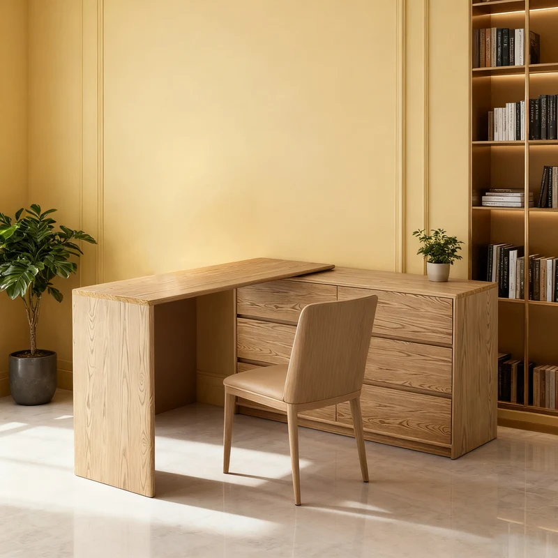 Modern Minimalist Solid Ash Wood Modular Desk With 6-Drawer Storage Cabinet For Home Office & Bedroom