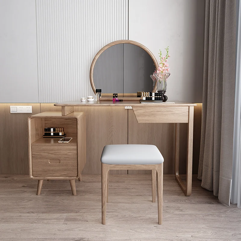 Solid Wood Dressing Table With Round Mirror Minimalist Ash & Rubberwood Makeup Vanity With Storage for Bedroom