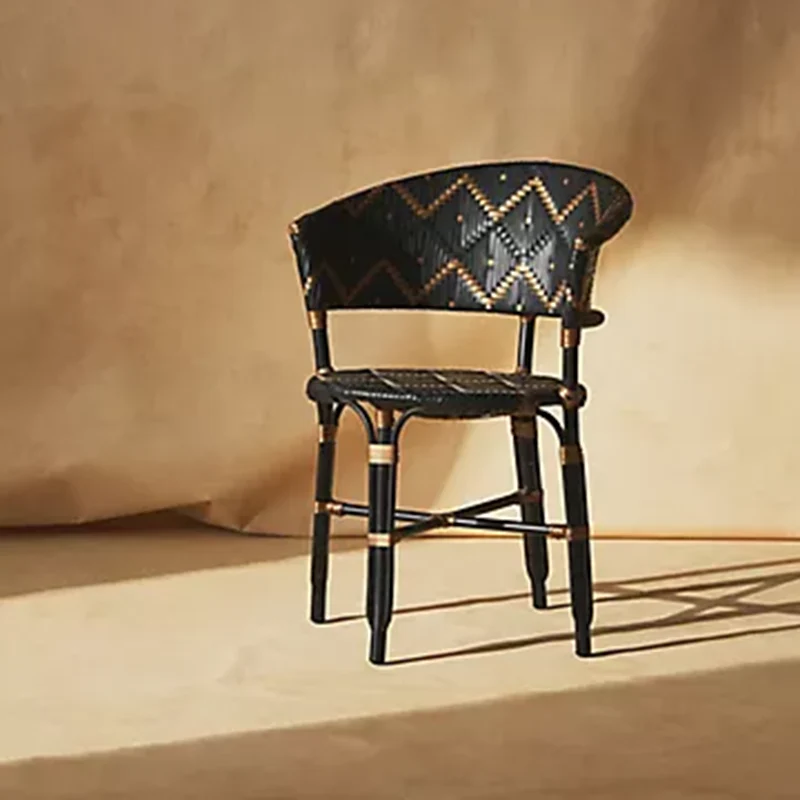 Traditional French Bistro Rattan Weaving Dining Chair With Handwoven Geometric Pattern - Back Chair For Dining Room & Cafe