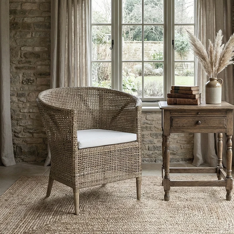 Handwoven Rattan Solid Wood Lounge Chair For Balcony & Patio - Contemporary Nordic Indoor Outdoor Relaxing Accent Chair With Waterproof Cushion