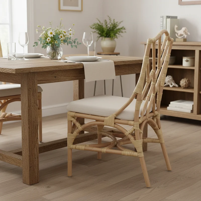 Contemporary Scandinavian Handwoven Natural Rattan Dining Chair With Waterproof Cushioned - Back Chair For Indoor & Outdoor Use