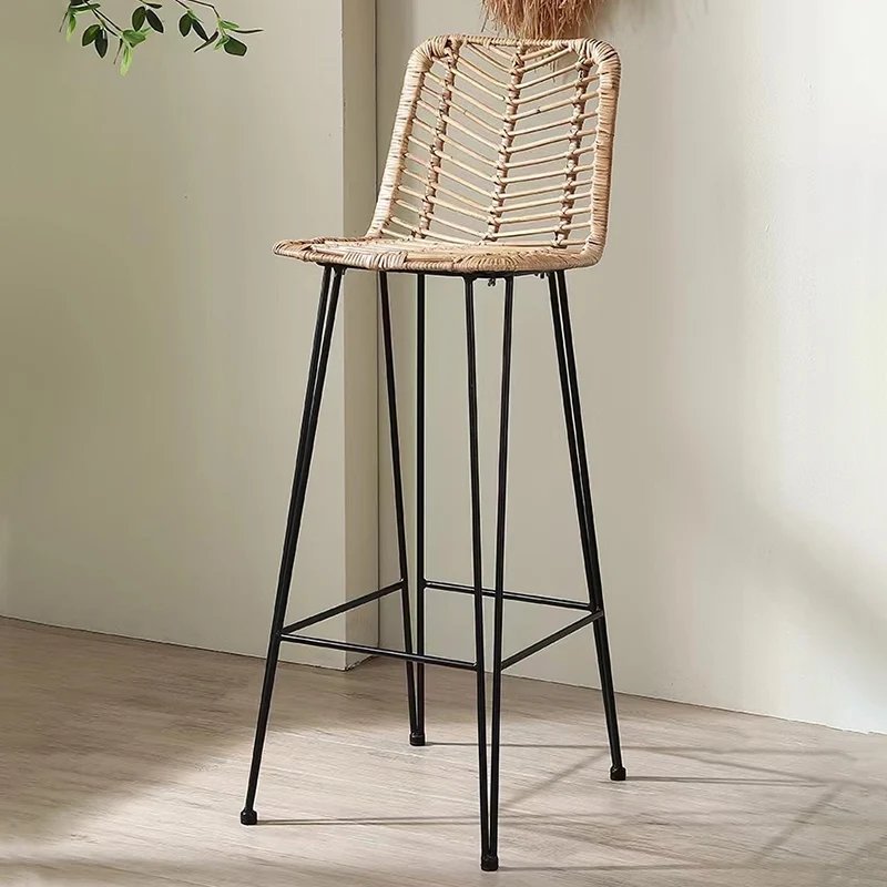 Breathable Coastal Bar Stool - Hand-Woven Texture Hollow Rattan Backrest Armless Stool For Dining Room