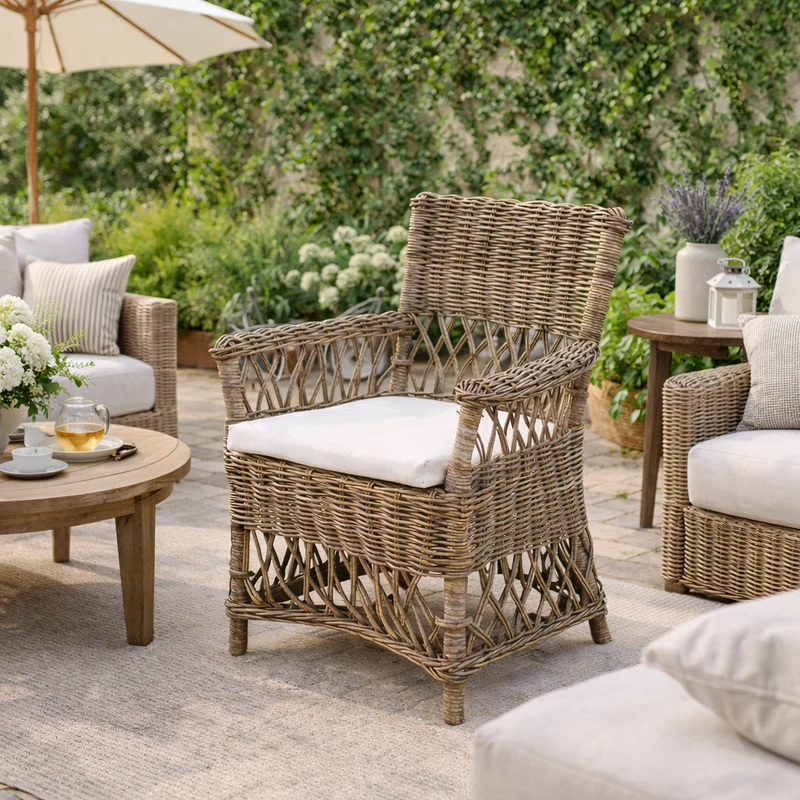 Coastal Rattan Dining Chair - Hand-Woven Indonesian Rattan Chair Backrest Armrest For Garden & Outdoor Patio