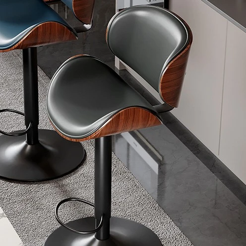 Modern Minimalist Round Curved Solid Wood Plywood Faux Nappa Leather Carbon Steel Swivel Height-adjustable Bar Stool Backrest Armless For Dining Room & Kitchen