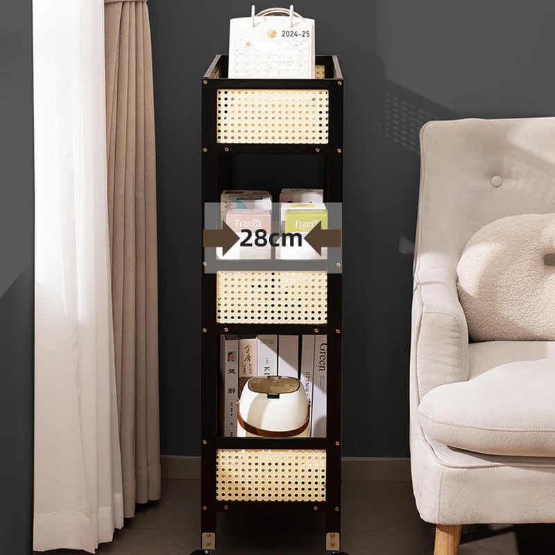 Modern Minimalist Bamboo Synthetic Rattan Rectangular Mobile Storage Shelf With 3-Shelves Design For Living Room