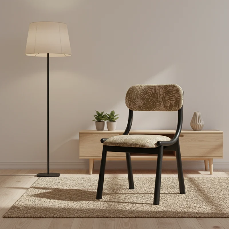 Traditional Vintage Curved Solid Wood Cotton-Linen Dining Chair Backrest Armless For Dining Room & Kitchen