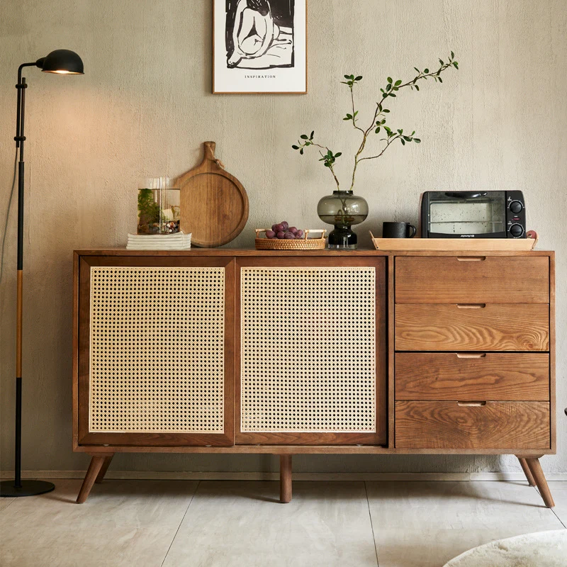 Traditional Vintage Rectangular Ash Wood Indonesian Rattan Storage Sideboard 1-Cabinet 4-Drawer For Dining Room