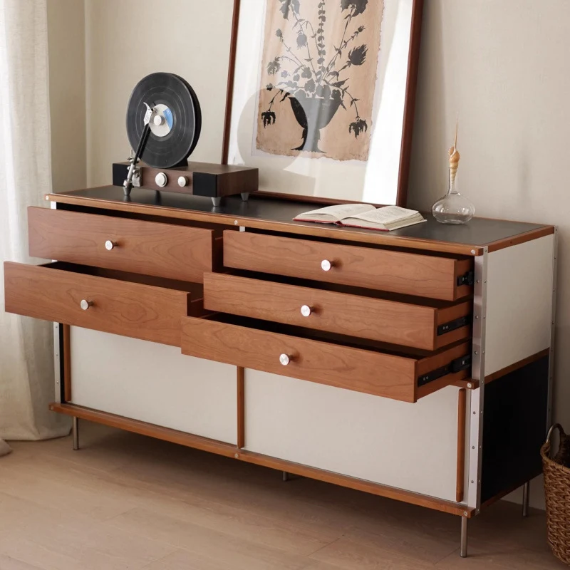 Traditional Vintage Rectangular Stone Slab Pine Wood Storage Sideboard 5-Drawer 1-Cabinet For Dining Room