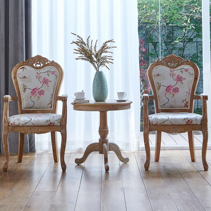 Traditional Vintage Curved Seat Cushion Solid Wood Fabric Sponge Chair Backrest Armrest For Living Room