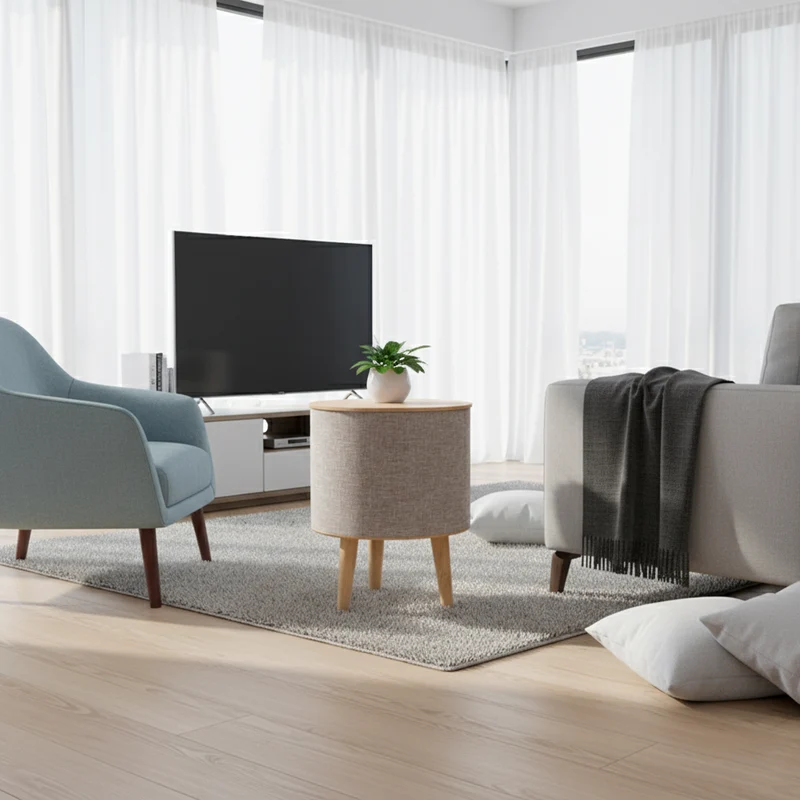 Contemporary Nordic Round MDF Solid Wood Linen Smart End Table Battery & Plug-in With Bluetooth Speaker Wireless Charging For Living Room & Bedroom