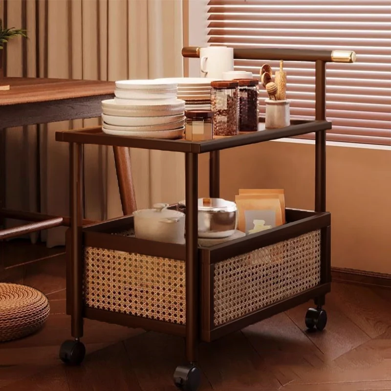 Traditional Chinese Square Rectangular Plastic Rattan Nan Bamboo MDF End Table 2-Tier For Living Room