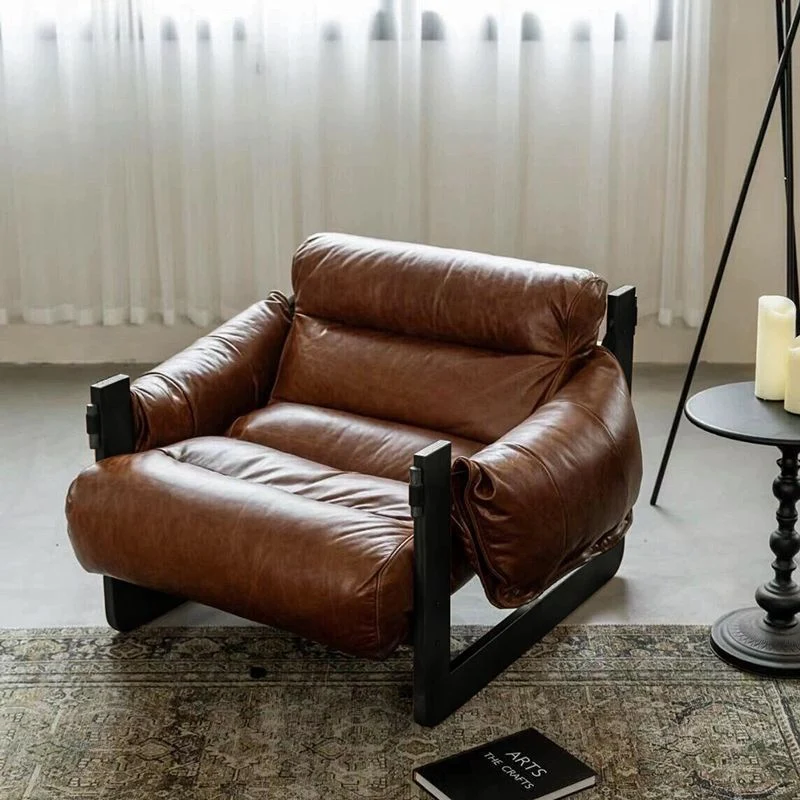 Contemporary Retro Square Rectangular Oil Wax Leather Iron Removable Accent Chair Backrest Armrest For Living Room