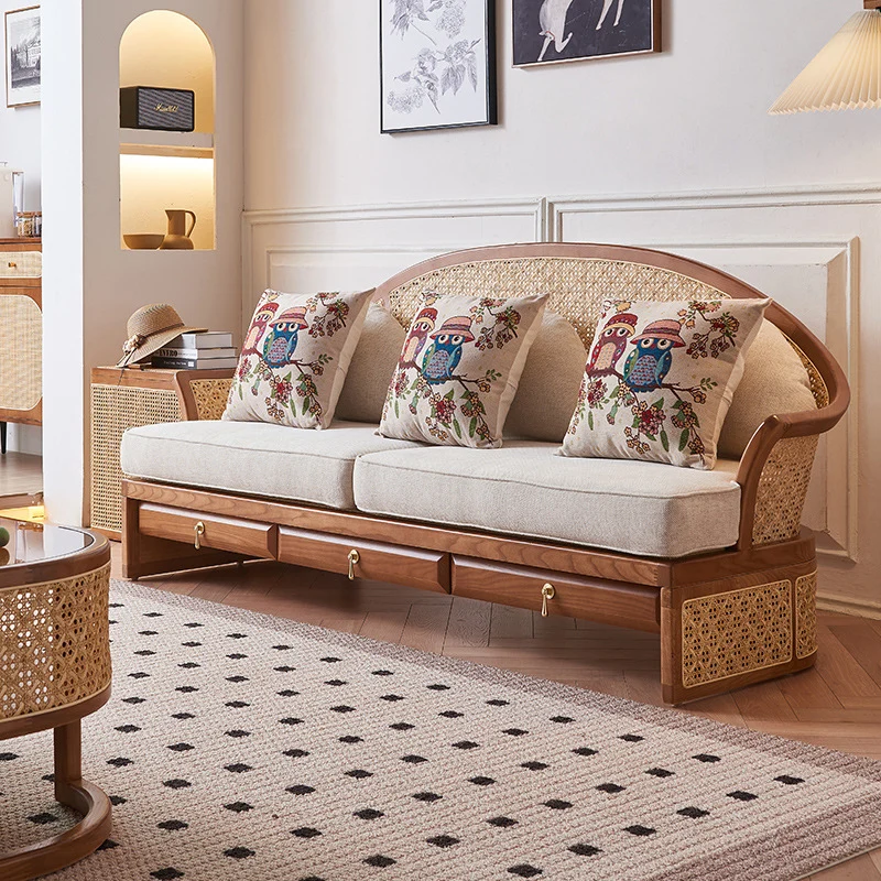 Contemporary Boho Curved Solid Wood Rattan Linen Accent Chair Backrest Armrest For Living Room