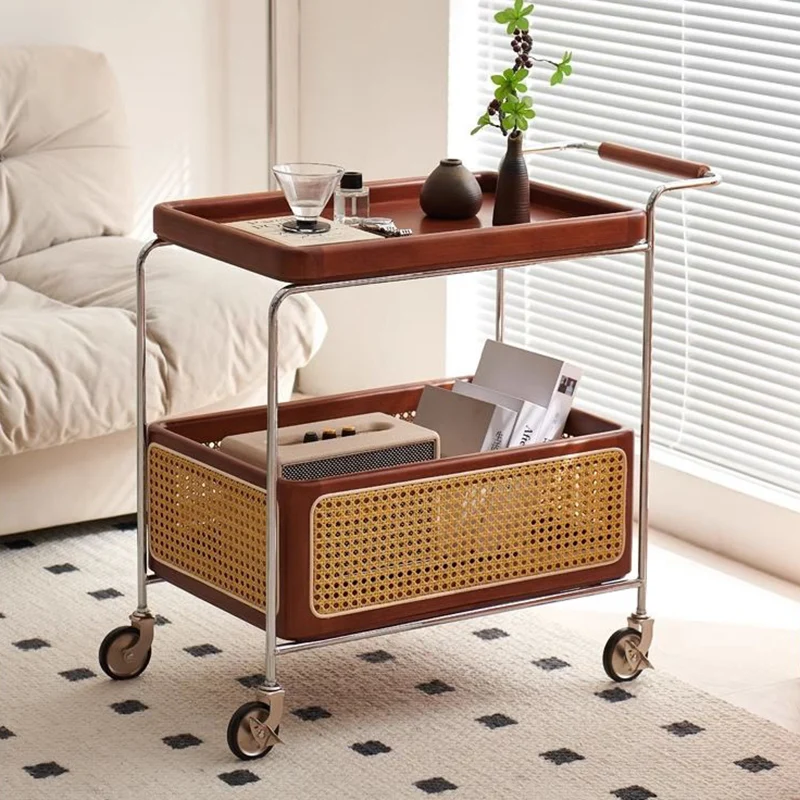 Traditional Rustic Rectangular Rubberwood Plywood Stainless Steel Movable End Table 2-Tier For Living Room