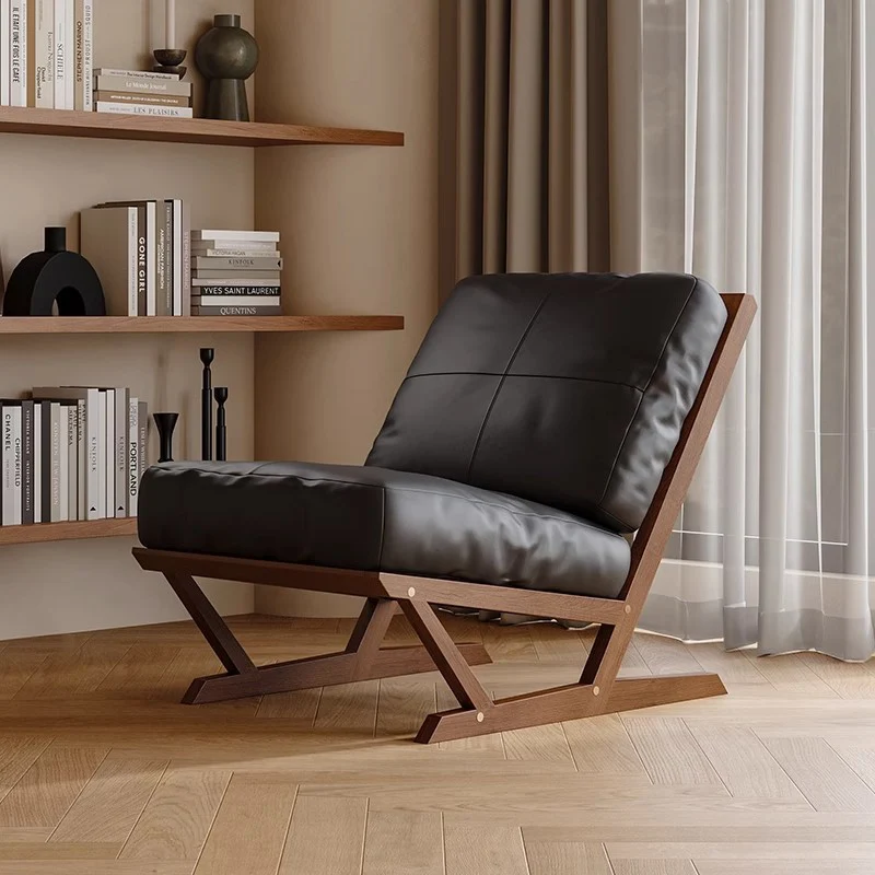 Contemporary Scandinavian Rectangular Oak Faux Nappa Leather Sponge Accent Chair Backrest Armless For Living Room