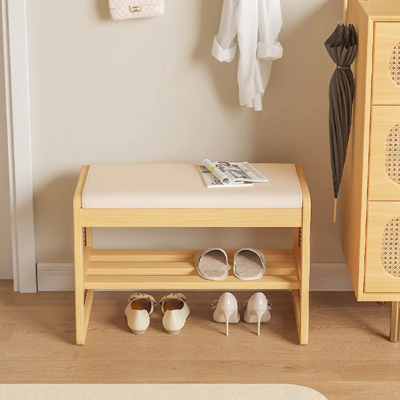 Traditional Vintage PU Leather Solid Wood Trapezoid Footstool Bench With 1 Shelf For Living Room