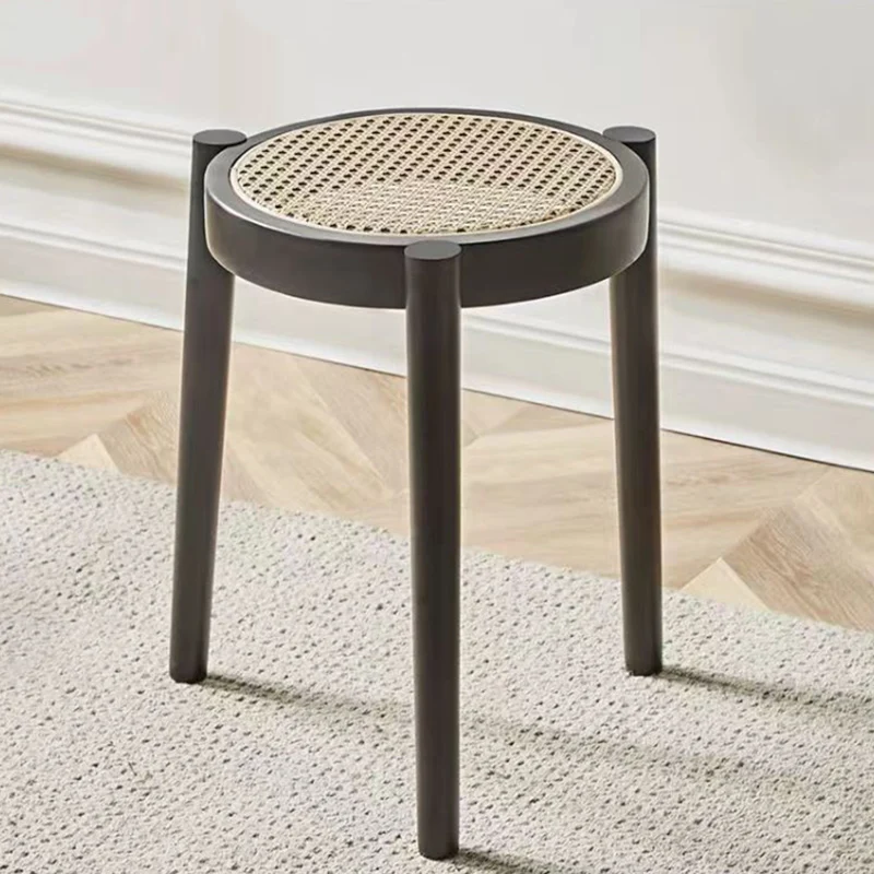 Contemporary Scandinavian Rattan Rubber Wood Round Low Stool For Living Room