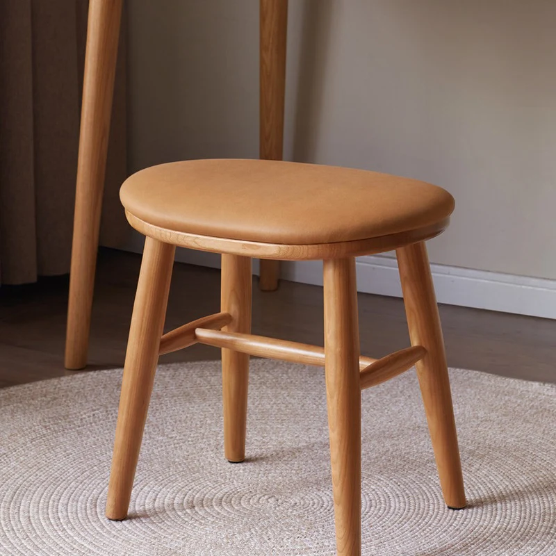 Traditional French Oval PU Leather Cherry Wood Vanity Stool Footrest For Bedroom