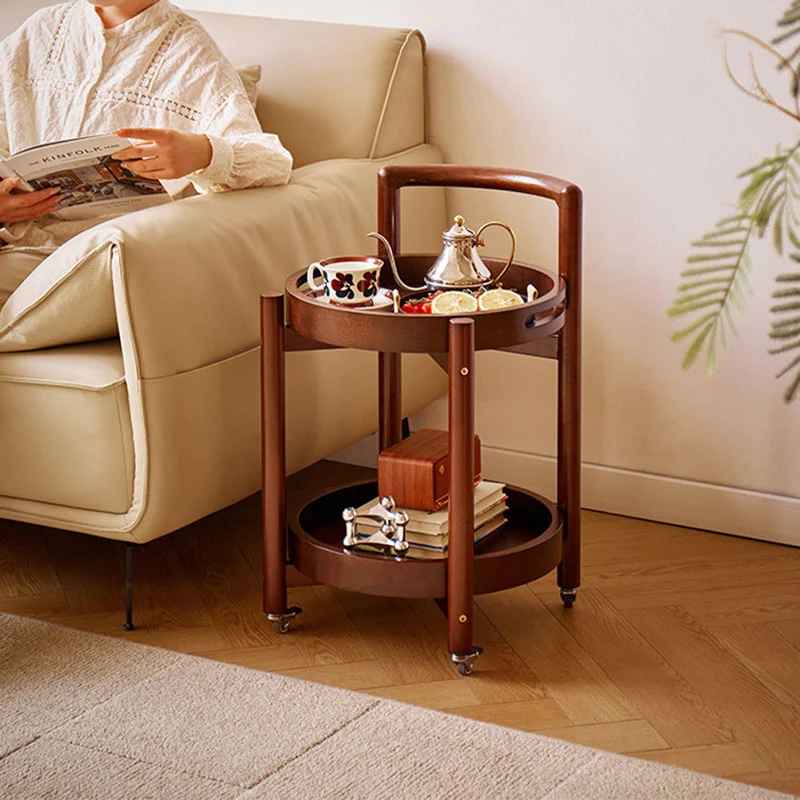 Traditional Vintage Solid Wood Curved Round Cylinder End Table With 2-Tier For Living Room